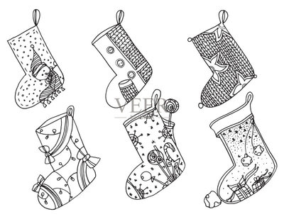 一套圣誕襪。矢量程式化的冬天襪子的集合。一整套裝飾圣誕絲襪。手工繪制的黑色和白色。涂鴉藝術矢量圖素材下載 - Veer圖庫