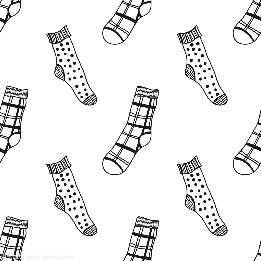 襪子。黑白無縫圖案, 用于著色書籍和頁面。針織服裝。矢量插圖